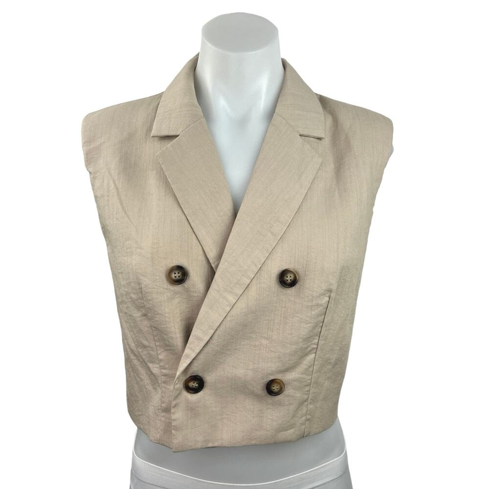 Mustard Seed Beige Collared Double Breasted Sleeveless Crop Top Size S